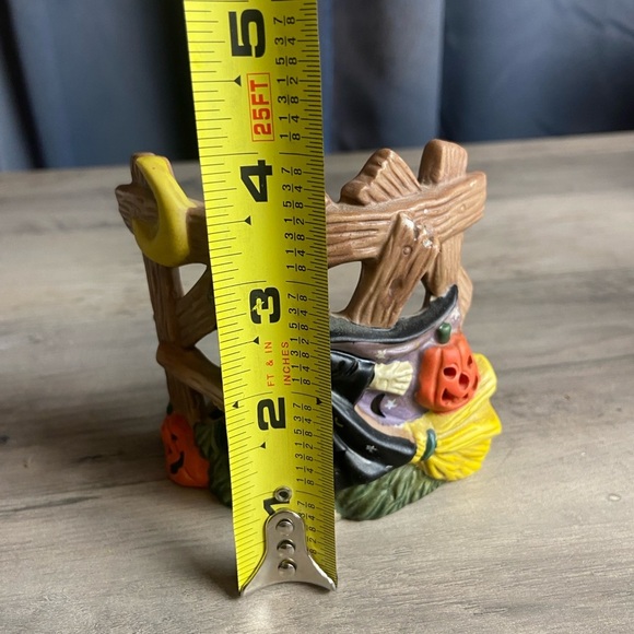 Halloween Fall witch fence flying broom Tealight Holder 4 inch ceramic VTG - Picture 6 of 7